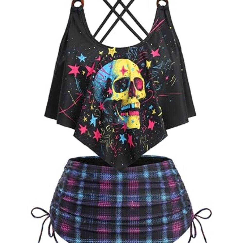 Women's Colorful Skull Stars Plaid Printed Tankini 12-14 - Picture 4 of 4
